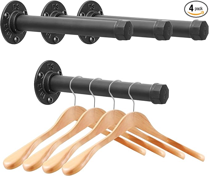 Cast Iron Wall Mounted Clothes Rack, Heavy Duty Industrial Pipe Clothing Rack for Hanging Clothes, Garment Racks for Wardrobe