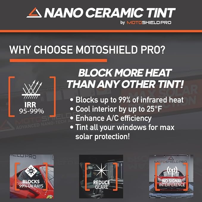 MotoShield Pro 25% VLT Nano Ceramic Window Tint for Car 30” in x 20’ ft 2PLY Roll High Heat Rejection & Glare Reduction Auto Tint Privacy Film, Rejects up to 99% IRR, 99% UV Blocking, Easy DIY Shrink