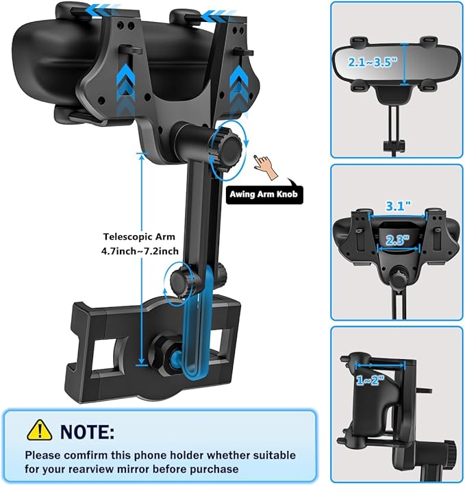 Rearview Mirror Tablet Mount for Car Truck [Rotatable & Retractable] Rear View Mirror Clip Phone Tablet Holder Upgraded 4 Corners for Pro Air Mini, Galaxy Tab, iPhone, 4-11" Devices