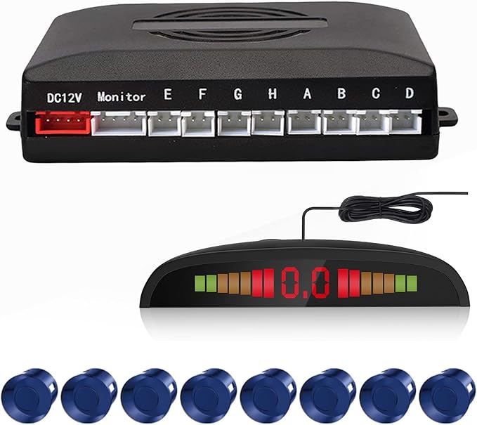 Car Reverse Parking Radar System with 8 Parking Sensors Distance Detection + LED Distance Display + Sound Warning (Blue Color)