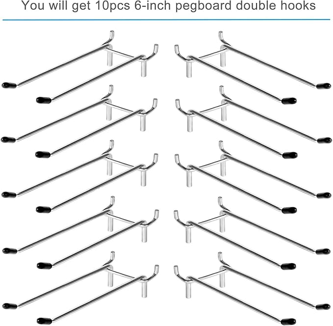 10 Pcs Pegboard Hooks, 6 Inch Peg Board Hooks, Pegboard Pegs Accessories with Rubber Tipped, Double Peg Hook Fit 1/4” Hole, H