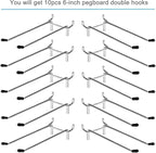 10 Pcs Pegboard Hooks, 6 Inch Peg Board Hooks, Pegboard Pegs Accessories with Rubber Tipped, Double Peg Hook Fit 1/4” Hole, H