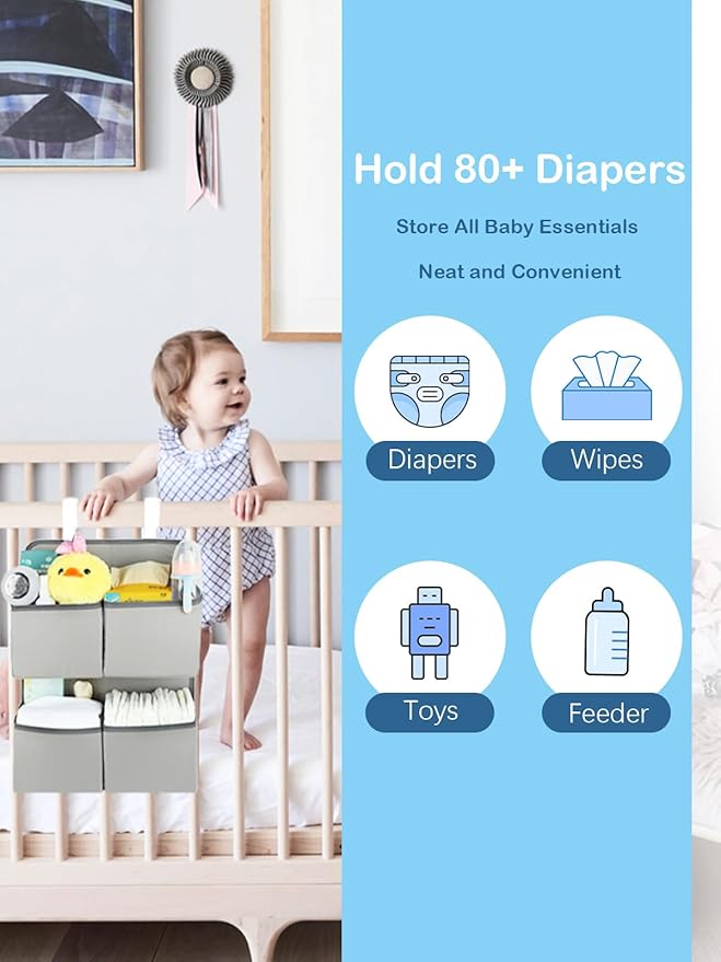 Hanging Diaper Organizer for Crib/Playard/Bassinet/Playpen – Hold 80+ Diapers - Changing Table Diaper Holder - Hanging Diaper