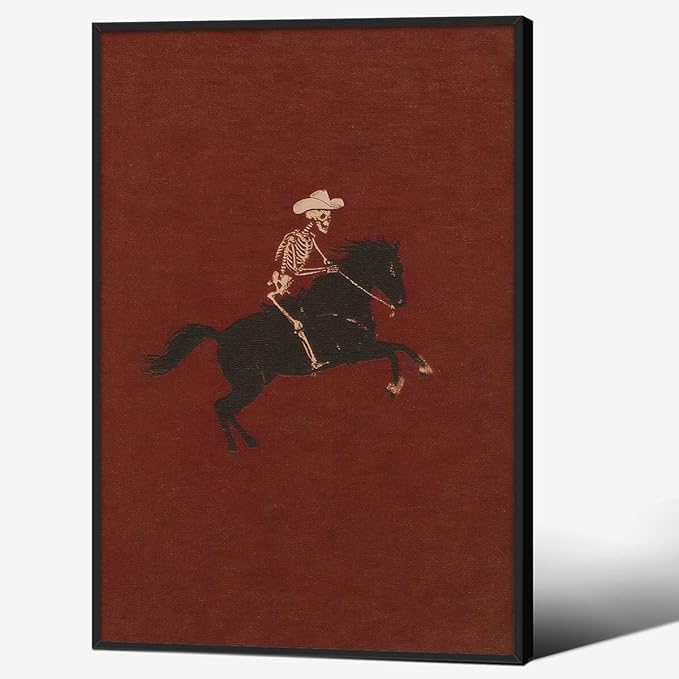 Retro Western Black Framed Wall Art Skeleton Cowboy Poster Vintage Bucking Bronco Prints Quirky Western Horse Rider Painting 