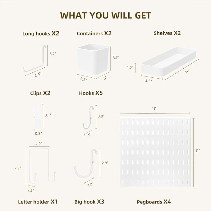 VUSIGN Pegboard Combination Wall Organizer Kit, 4 Pieces Pegboards and 17 Accessories Modular Hanging, Wall Mount Display Peg