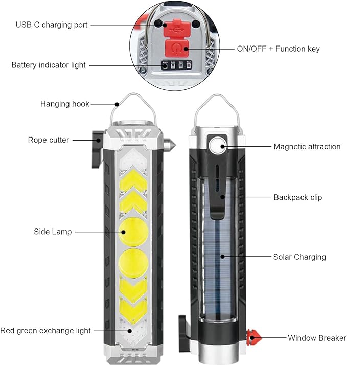 Car Flashlight Solar Flashlight, Window Breaker & Seat Belt Cutter, Multi-Function Torch Tool Magnetic LED COB Work Light wit