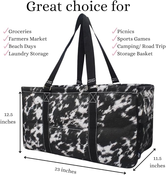 NGIL Extra Large Utility Tote Reusable Grocery Bag Oversized Collapsible for Groceries, Storage, Picnic, Beach (Cow Fur Texture-Black)
