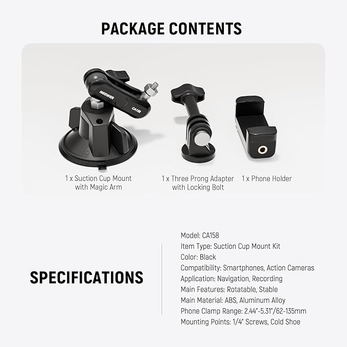 NEEWER Suction Cup Phone Holder & Camera Mount Compatible With GoPro DJI Insta360 iPhone, Car Phone Mount with Action Camera Adapter 360° Magic Arm for POV Windshield Glass Vlog Video Recording, CA158