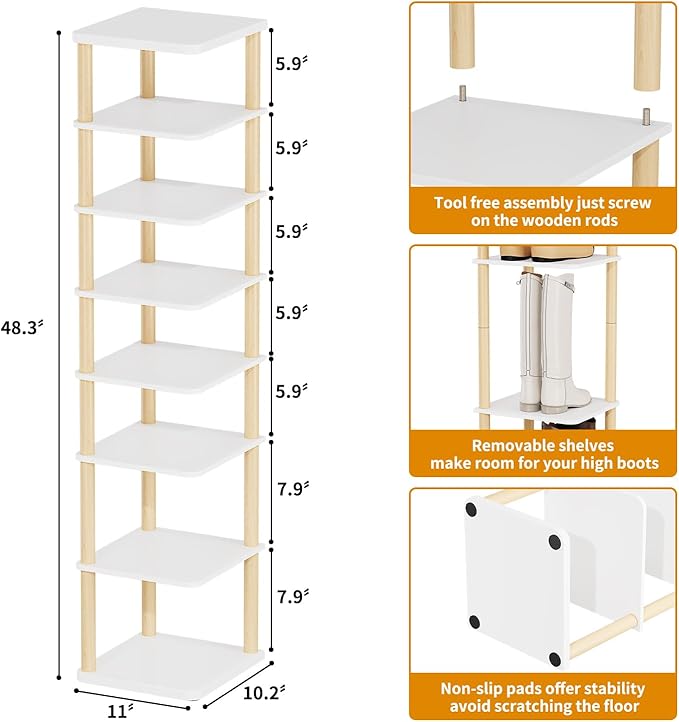 LUCKNOCK Vertical Shoe Rack, 8-Tier Tall Narrow Shoe Organizer for Entryway, Closet, Dorm & Small Spaces, Freestanding Wooden