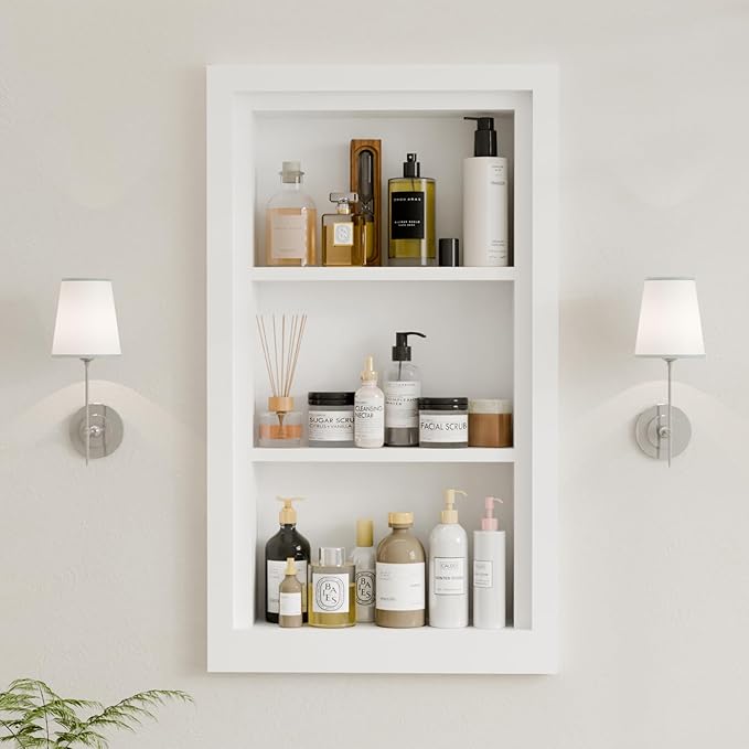 Solid Wood 14 X 24 Recessed Medicine Cabinet,3-Tier, Medicine Cabinet Organizer,Wall Niche, Bathroom Wall Cabinet, Recessed B