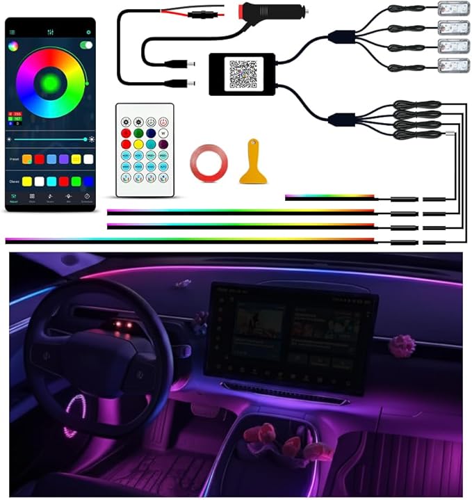 Ambient Lighting Car Led Lights Interior Kit, 4 in 1 Acrylic Led Lights for Car Center Console Dashboard,DC 12V APP Remote Control DIY Fiber Optic Music Sync RGB Neon Strip with Footwell Lighting