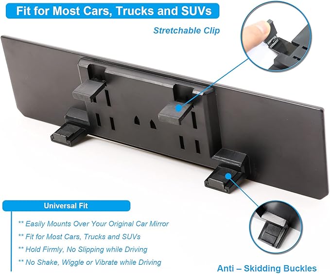 Kitbest Rear View Mirror, Interior Clip On Panoramic Rearview Mirror to Reduce Blind Spot Effectively – Universal Wide Angle Car Mirror – Flat – For Cars, SUV, Trucks (Bonus 2 PCS Blind Spot Mirrors)