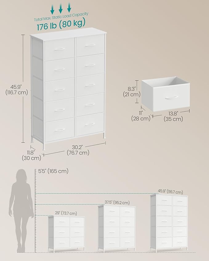 SONGMICS Dresser for Bedroom, Chest of Drawers, Steel, MDF, 10 Non-Woven Fabric Drawers, Storage Organizer Unit, Closet, Entr