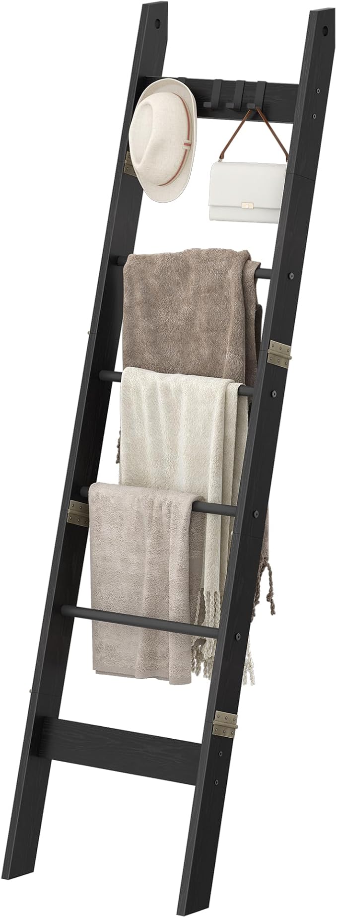 Hzuaneri Blanket Ladder for Living Room, Decorative Quilt Rack with 4 Removable Hooks, 6-Tier Farmhouse Ladder Holder Shelf O