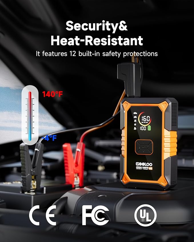 GOOLOO A5 Car Jump Starter with Air Compressor, 4000A Portable Car Jump Starter (All Gas/10.0L Diesel) with 160PSI Auto-Off