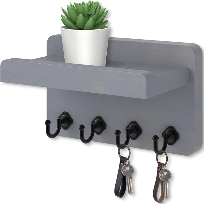 Nekon Key Holder Wall Mount, 8.5 Inch Small Home Decor Wooden Wall Organizer with 4 Hooks and Shelf, Key and Mail Holder for 