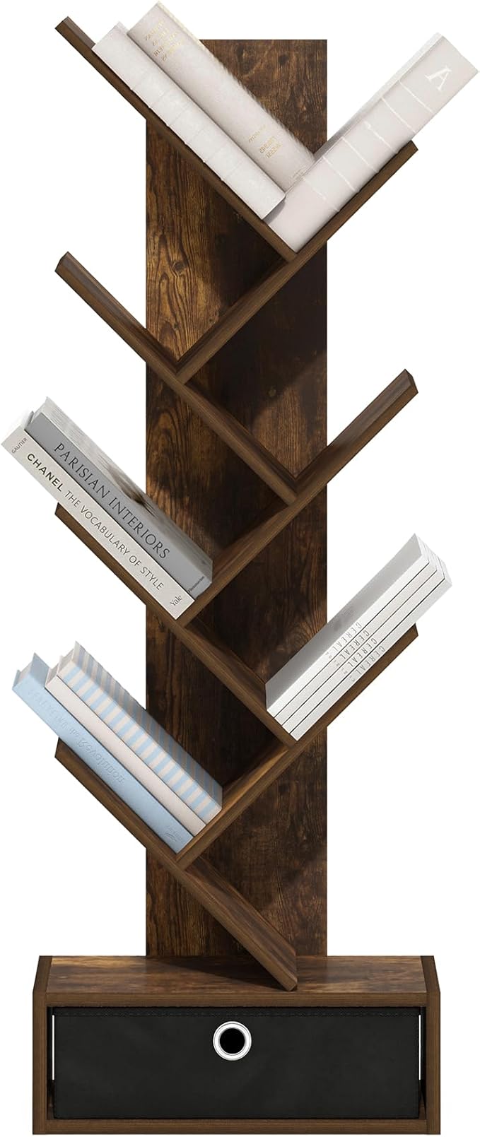 Furinno Tree Book Shelf, 7-Tier Bookshelf, Tree Bookcase with Bin Drawer, 8.4 x 16.9 x 46.2, for Living Room, Bedroom, Home O
