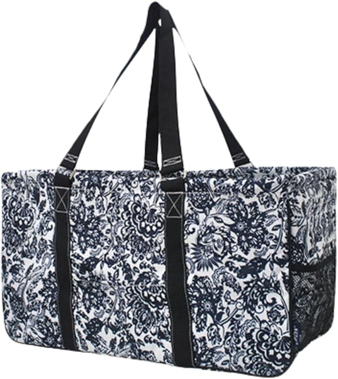 NGIL Extra Large Utility Tote Reusable Grocery Bag Oversized Collapsible for Groceries, Storage, Picnic, Beach (Royal Damask-Black)