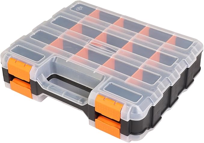 Jack Boss Tool Box with Transparent Lid, Double Side 34-Compartments Organizer Box with Removable Dividers for Hardware, Scre