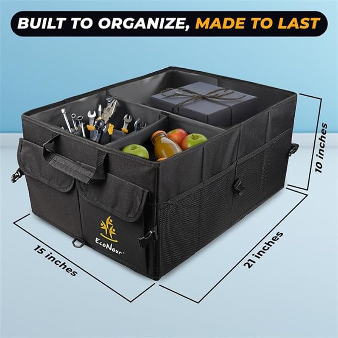 EcoNour Trunk Organizer for Car | SUV Collapsible Cargo Storage Box with Detachable Dividers, Mesh Pockets & Adjustable Straps