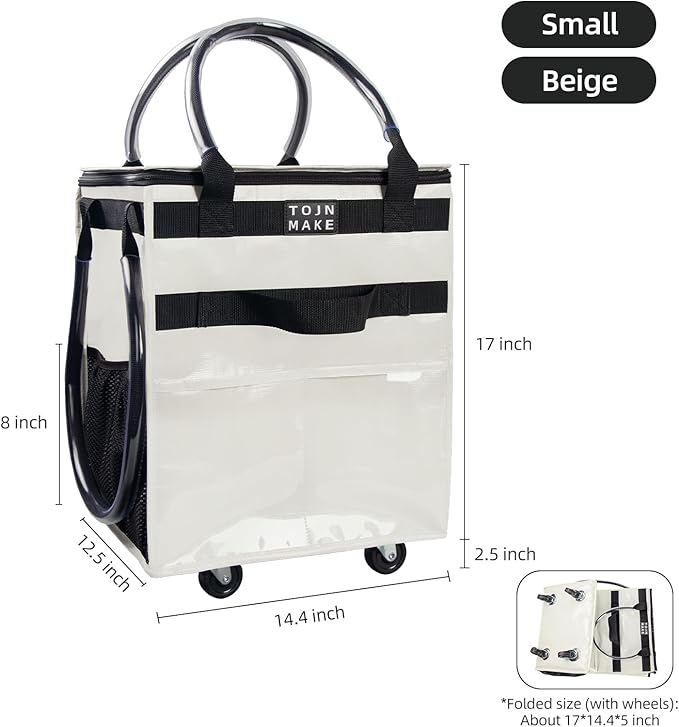 Reusable Grocery Bag On Wheels Shopping Trolley with 8 Pockets and Zipper Cover Foldable Rolling Tote, Heavy Duty Handles, Carries Up to 22 LBS (Small, Beige)
