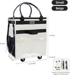 Reusable Grocery Bag On Wheels Shopping Trolley with 8 Pockets and Zipper Cover Foldable Rolling Tote, Heavy Duty Handles, Carries Up to 22 LBS (Small, Beige)