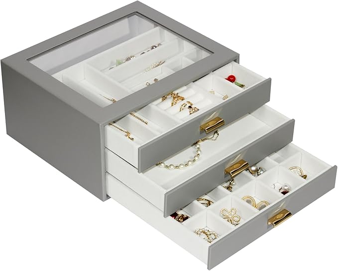Jewelry Box Organizer with 3 Drawers,Glass Lid Jewelry Boxes for Women,Jewelry Storage for Rings,Necklaces,Earrings,Bracelets