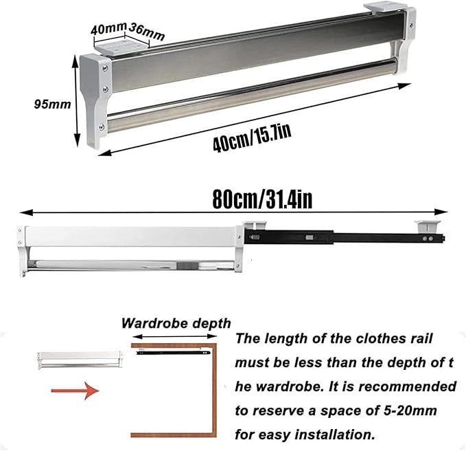 Pull-Out Clothes Rail,Extendable Clothes Rail with Sliding Track,Pull Out Closet Rod Adjustable Wardrobe Rail Clothes Rack,Wa