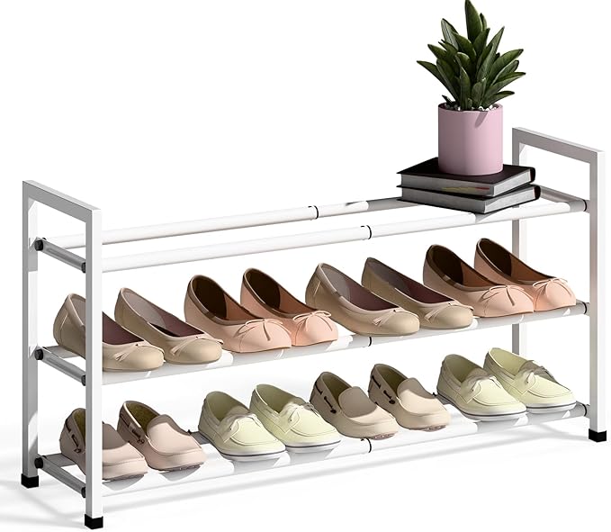 Bumusty 3-Tier Expandable Shoe Rack for Closet, 18“-33” Adjustable Shoe Rack for Small Space, Small Shoe Organizer for Front 