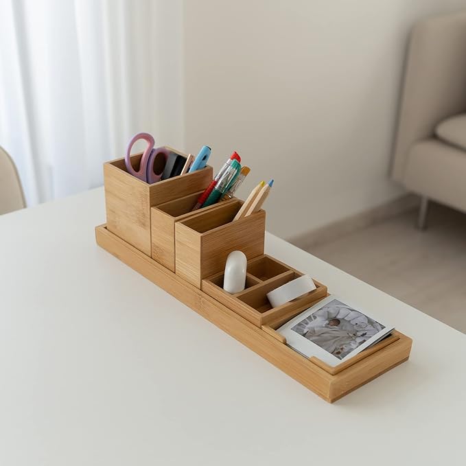 Bamboo Vanity Tray, 6-Piece Bathroom Countertop Vanity Tray Set, Makeup Kitchen Desk Organizer and Storage - Holds Small Item