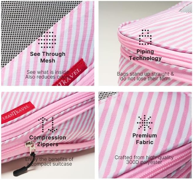 LeanTravel Premium Compression Packing Cubes for Travel - Suitcase Organizer Bags with Double Zipper & Breathable Mesh Panel 