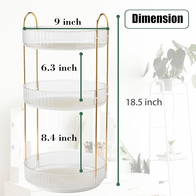 Rotating Makeup Organizer Countertop 3 Tier Lazy Susan Trays Clear Skincare Perfume Storage for Bathroom Counter Vanity, Tran