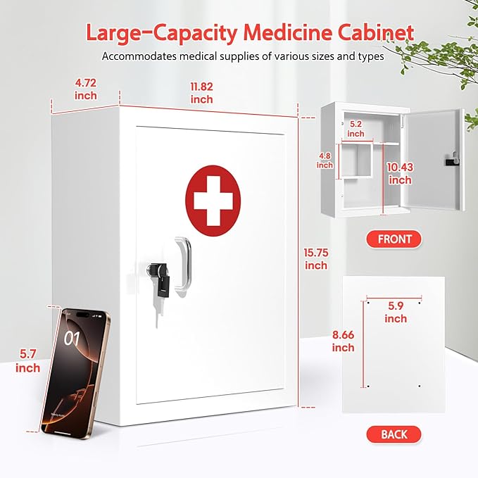 Locking Medicine Cabinet Wall-Mount: Storage Cabinet with Lock & Key - White Metal First Aid Kits for Childproofing and Famil