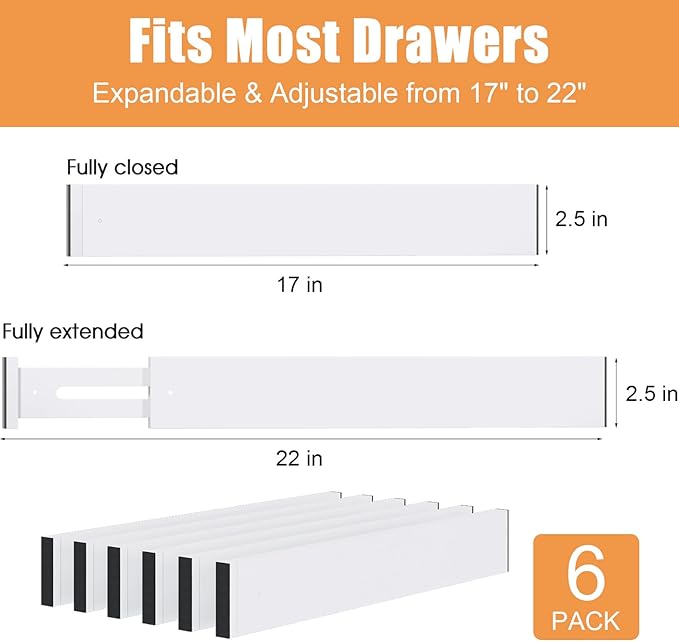 Bamboo Drawer Dividers,17-22" Adjustable Kitchen Drawer Organizer for Clothes,6 Pack Expandable Drawer Organization Separator