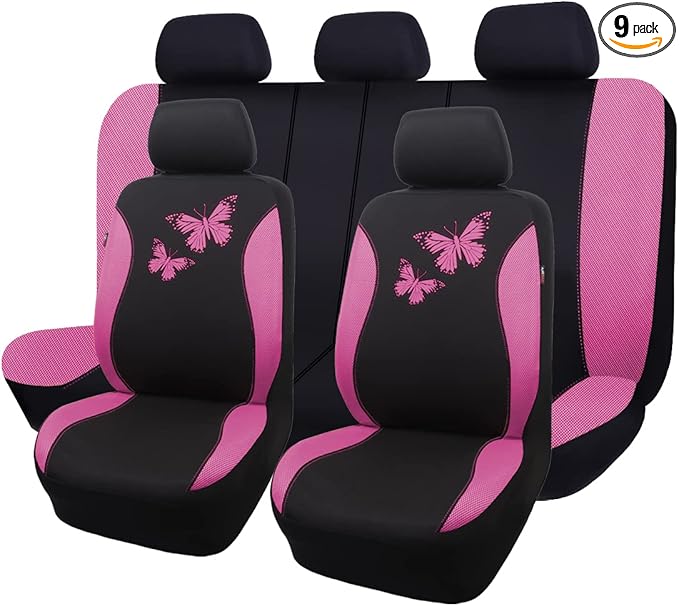 Flying Banner Butterfly car seat Covers ful Set Fashion Universal Lady Woman Female Rear Bench Split Colorized (Full Set, Pin