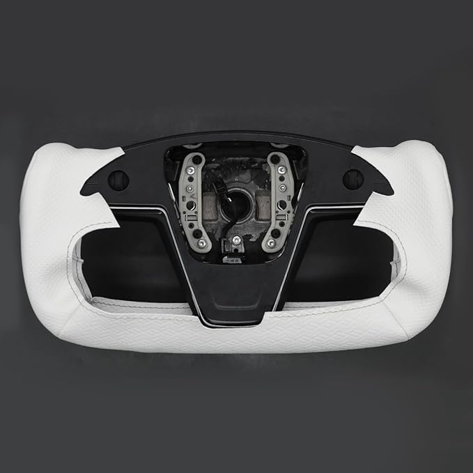 MEWANT Hand Stitched White Leather Tesla Model S Yoke Steering Wheel Cover Wrap for Tesla Model S 2021-2023 / Model X 2021-2023 Tesla Yoke Steering Wheel Accessories