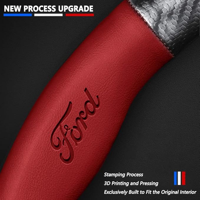 Customized Steering Wheel Cover Compatible with Ford, Nappa Leather & Carbon Fiber Design Car Steering Wheel Cover, with Coasters and 3-in-1 USB Fast Charging Cable (Red)