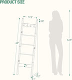 Hzuaneri Blanket Ladder Shelf for Living Room, Decorative Quilt Rack with 4 Removable Hooks, 5-Tier Farmhouse Ladder Holder O