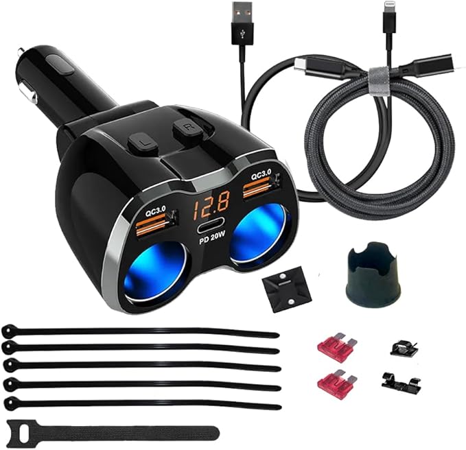 USB Car Charger Pro Combo 2 Sockets Cigarette Lighter Splitter 12/24V 80W Dual USB Type-C Ports Separate Switch LED Voltage Display Built-in Replaceable 10A Fuse Compatible Mobile Phone GPS Dash Cam