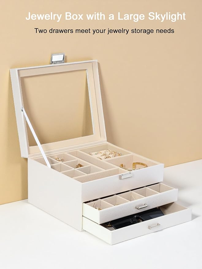 Clear Lid Jewelry Box,3 Layers Jewelry Organizer Large Multi-Functional Jewelry Storage Box with 2 Drawers,Jewelry Display Ca