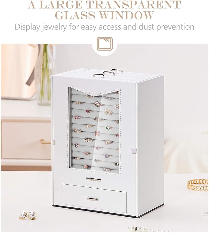 Homde Jewelry Organizer with Transparent Window Necklace Hooks Gift for Women Jewelry Box Display Case for Necklaces Rings Ea