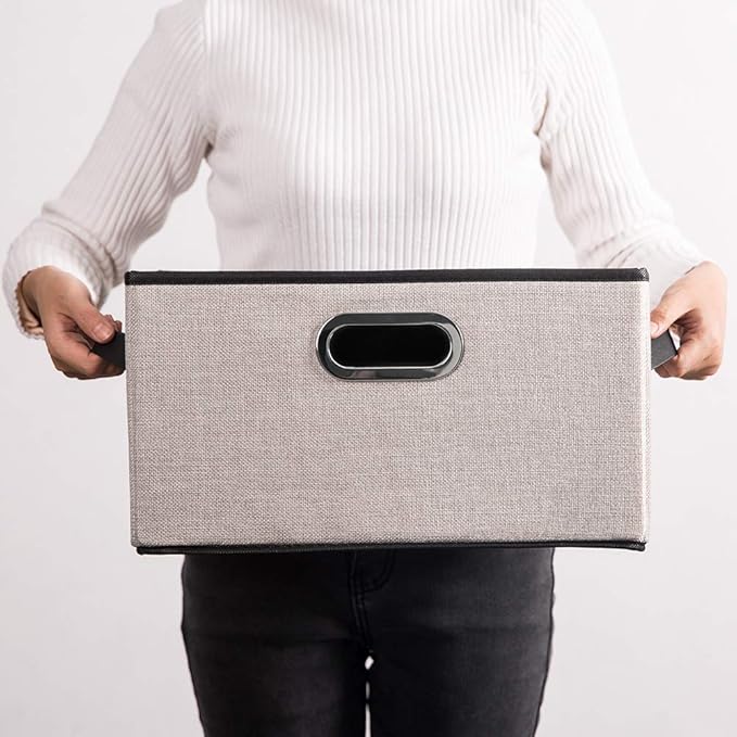 PRANDOM Large Fodable Storage Bins for Closet [3-pack] Decorative Linen Fabric Storage Bins Cubes with Leather/Metal Handles 
