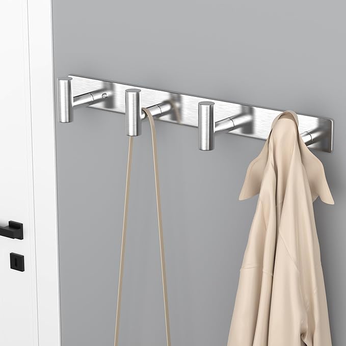 VAEHOLD Silver Hat and Coat Wall Mount Rack - Coat Rack with 4 Hooks for Robes, Bags, Keys, and Towels - Bathroom Towel Hange