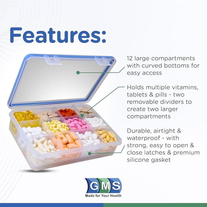 GMS 12 Compartment Vitamin Pill Organizer - Large Size Suitable for Multiple Supplements & Tablets - Safe, Secure Design with