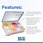 GMS 12 Compartment Vitamin Pill Organizer - Large Size Suitable for Multiple Supplements & Tablets - Safe, Secure Design with