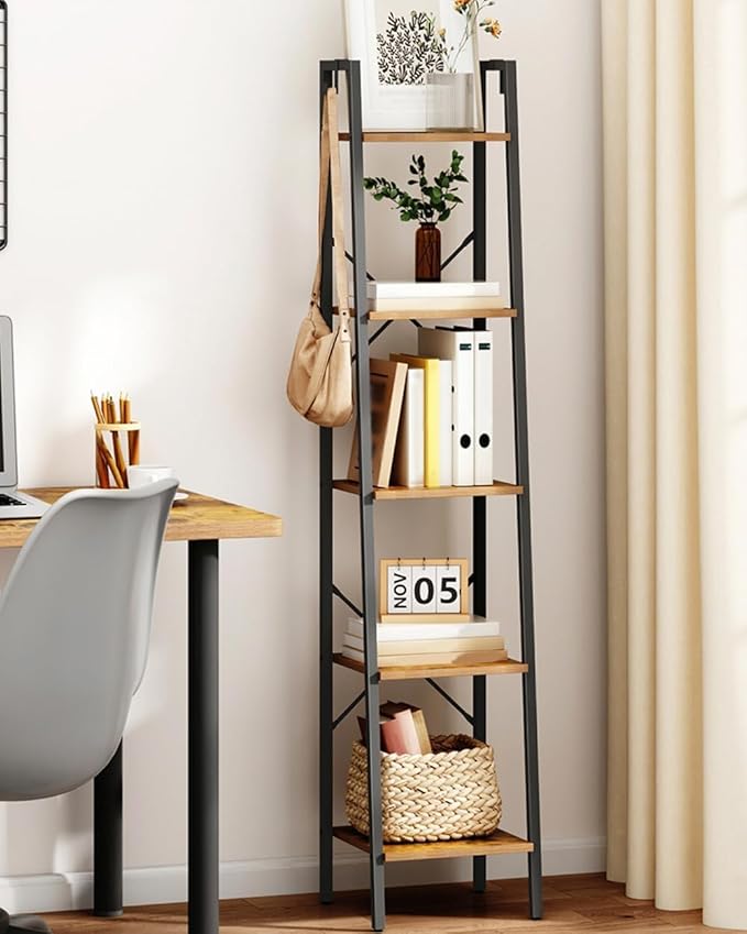 Hzuaneri Ladder Shelf, Bookshelf Bookcase, Freestanding Corner Storage Shelve with 2 Hooks for Home Office, Living Room, Kitc
