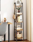 Hzuaneri Ladder Shelf, Bookshelf Bookcase, Freestanding Corner Storage Shelve with 2 Hooks for Home Office, Living Room, Kitc