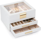 Jewelry Box for Women, 3-Layer Jewelry Box, Jewelry Organizer with Clear Glass Lid and Drawers, Jewelry Organizers and Storag