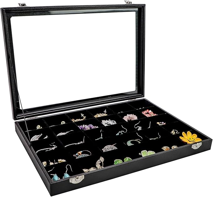 Wudygirl 30 Grid Jewelry Organizer Clear Lid Jewelry Tray Stackable Jewelry Storage Case Display Rings,Earrings,Necklace,Blac