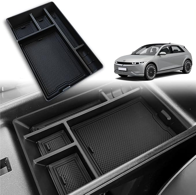BestEvMod for Ioniq5 Armrest Storage Box Center Console Organizer Tray Interior Accessories with Rubber Black Trim Compatible with Hyundai Ioniq 5 2022-2026 Accessories(V1)